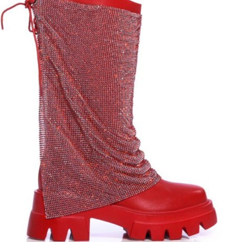 AZALEA WANG " BLOSSOM  FULL  EMBELLISHED " BOOT IN RED ( BRAND NEW !!!) - Picture 4 of 6